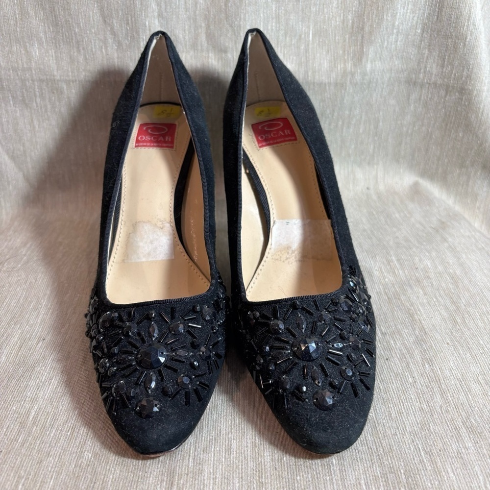 OSCAR DE LA RENTA Sz 8.5 Beaded Toe Cap  Classic Festive Pump Designer Shoes - Picture 2 of 10